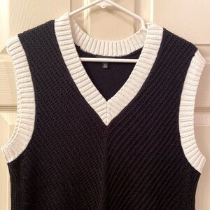 Talbots Sweater Vest Black White Ribbed Knit V Neck Tennis Cotton Linen WM SZ M